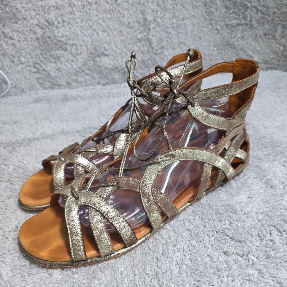 Gentle Souls Gladiator Flat Sandals Gold‎ Metallic Strappy Lace Up Womens 10M